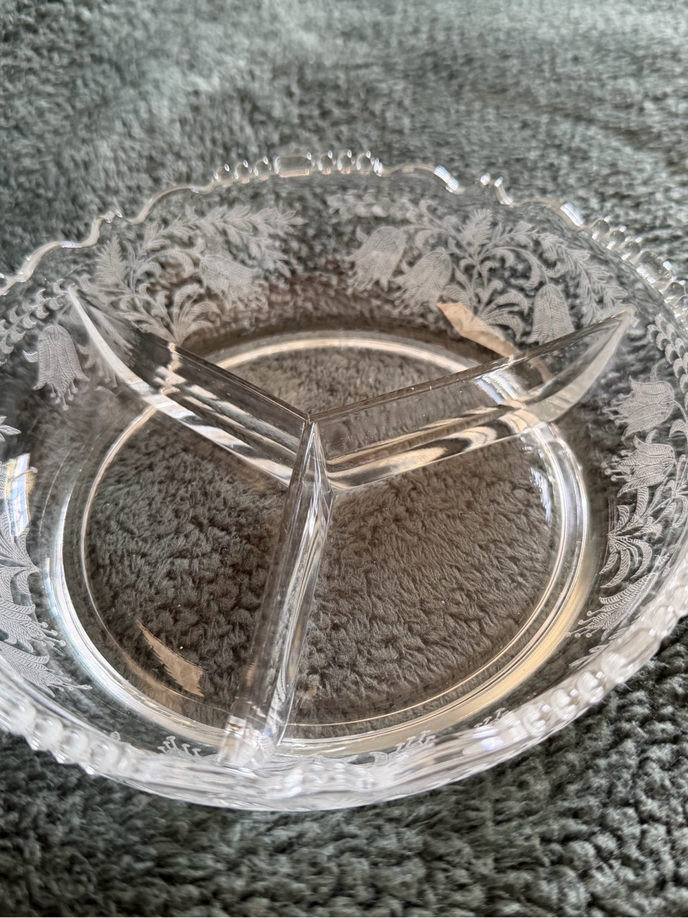 Tiffin-Franciscan Clear Etched Glass 3-Compartment Serving Dish